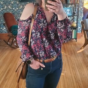 MICHAEL Michael Kors Cold-Shoulder Floral Ruffle Tie-Neck Blouse M